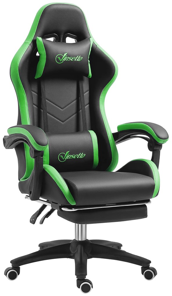 Cadeira Gaming Reclinável até 135° com Suporte Lombar Altura Ajustável Almofada de Cabeça e Apoio para os Pés Retrátil 65x65x121-129 cm Preto e Verde