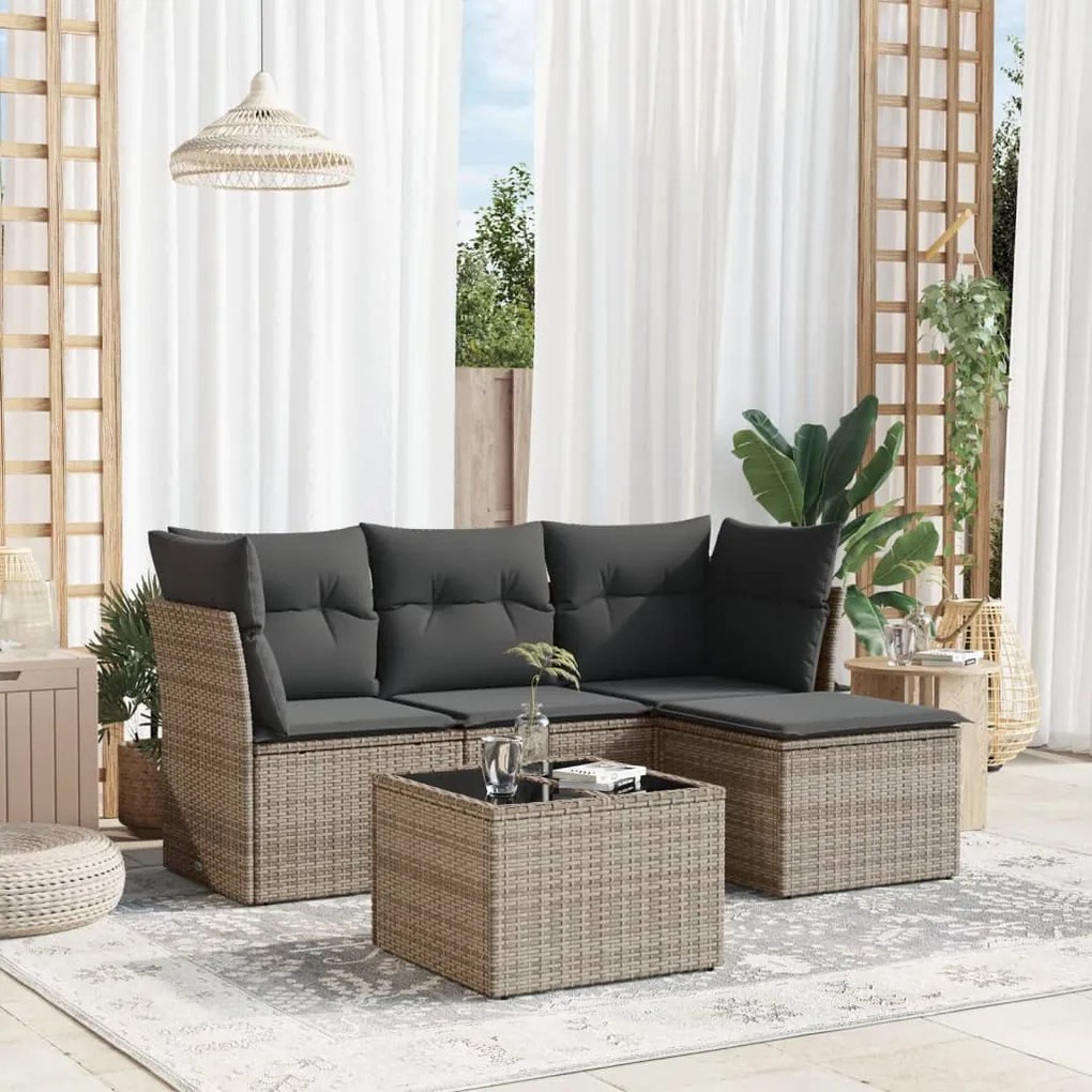 5 pcs conjunto sofás de jardim c/ almofadões vime PE cinzento