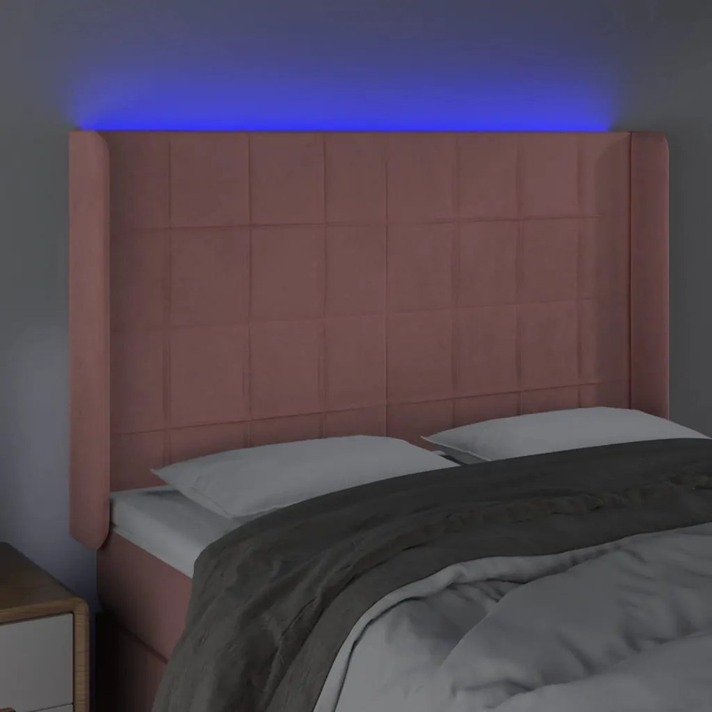 Cabeceira de cama c/ luzes LED veludo 147x16x118/128 cm rosa