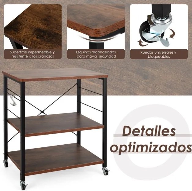 Carrinho de cozinha 60 x 40 x 73,5 cm com rodas bloqueáveis Ganchos removíveis Estante para micro-ondas Castanho