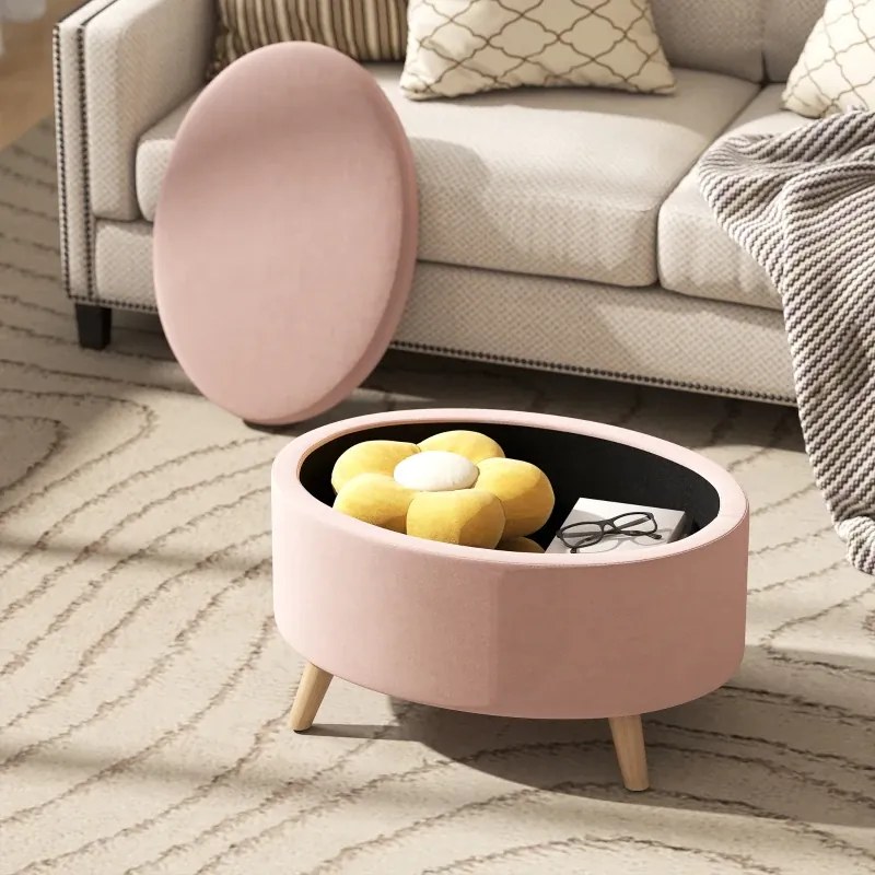Puff Estofado em Veludo Acolchoado Banco de Armazenamento com Tampa Removível e Pés de Madeira 71x51,5x42 cm Rosa
