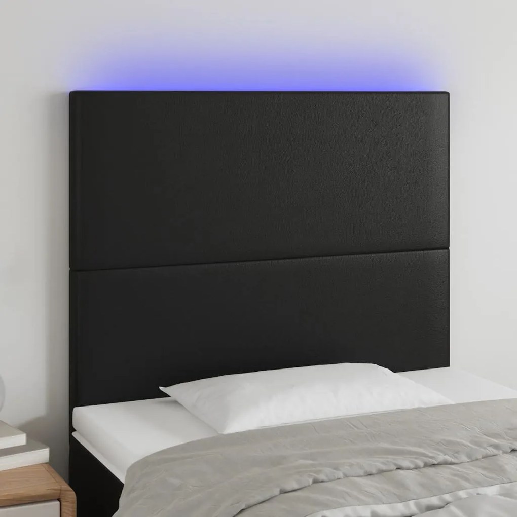 Cabeceira cama c/ LED couro artificial 100x5x118/128 cm preto