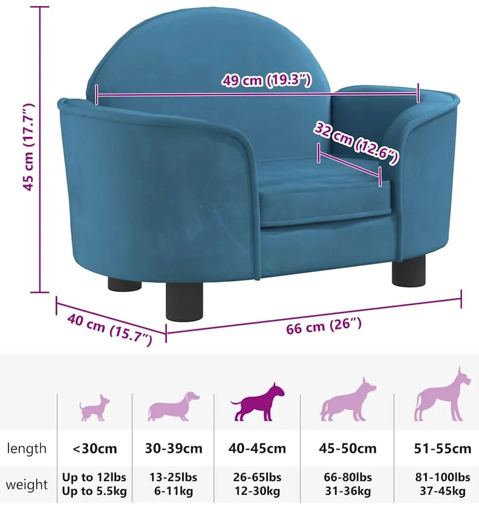 Cama para cães 66x40x45 cm veludo azul