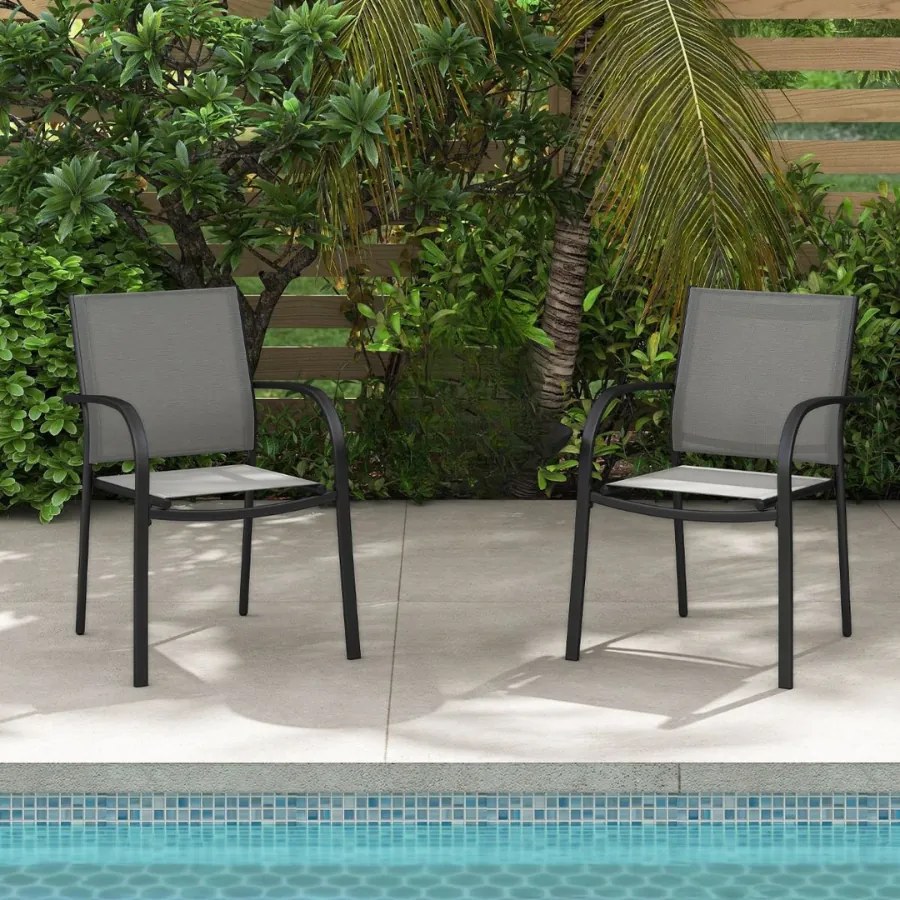 Conjunto de 2 cadeiras de jardim empilháveis de metal com assento e encosto respiráveis para jardim, piscina, varanda Cinza