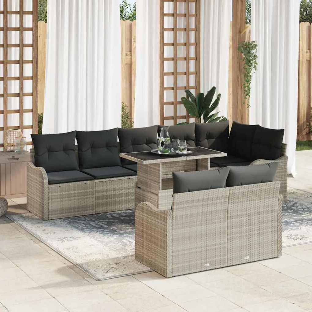 vidaXL Conjunto de Sofá de Jardim com 9 Peças e Almofadas Cinzas em Rattan Sintético