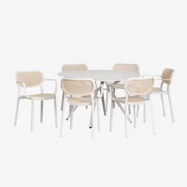 Conjunto De Mesa Redonda Ø125 Cm Em Alumínio Valerie E 6 Cadeiras De Jardim Empilháveis Com Apoios De Braços Em Polipropileno Om Branco Glacial -