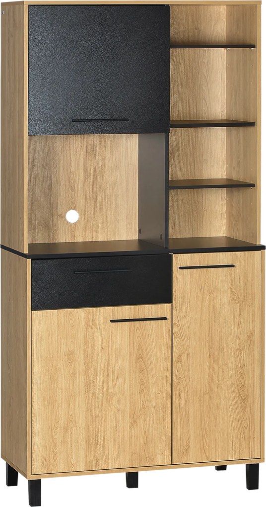 HOMCOM Armário de cozinha multifunções com gaveta 3 portas 4 nichos e passa-cabos altura 180 cm preto e madeira natural | Aosom Portugal