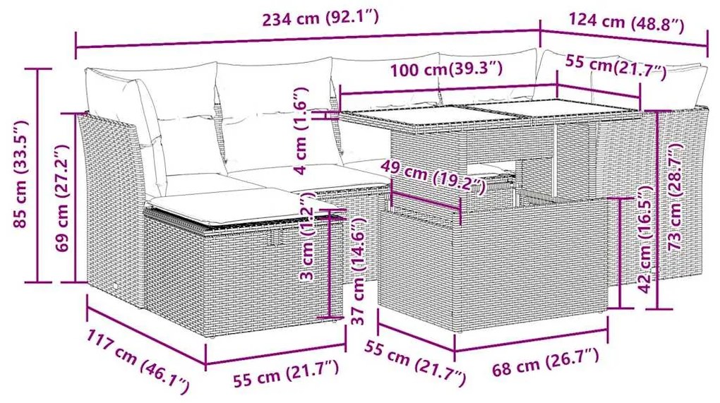 7 pcs conjunto de sofás p/ jardim c/ almofadões vime PE preto