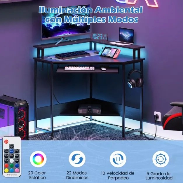 Secretária de canto com estação de carregamento e LED 80 x 80 x 88 cm, bandeja para teclado e suporte para monitor, mesa de gaming preta