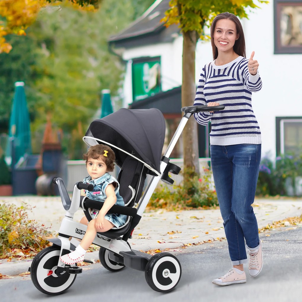 HOMCOM triciclo bebê 4 em 1 s para crianças +18 meses Evolutivo capuz Barra Destacável Controle Parental Brinquedo de aprendizagem Cinza