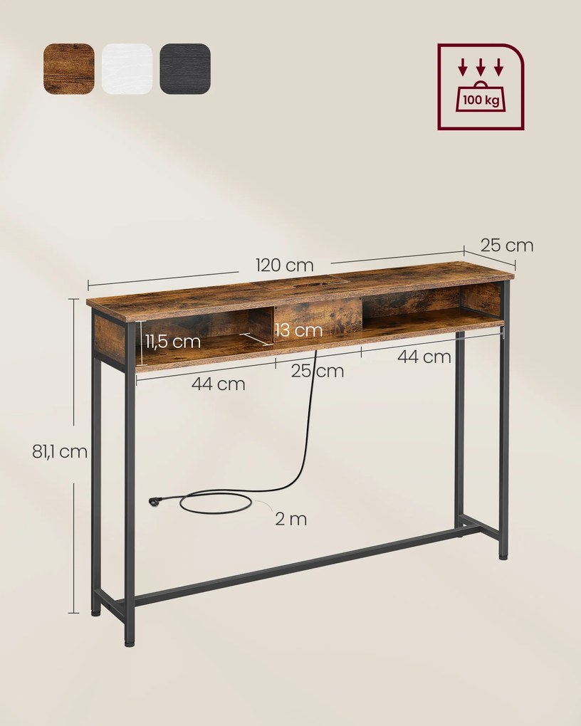 Mesa consola com 2 tomadas e 2 portas USB 25 x 120 x 81,1 cm Castanho Vintage e Preto