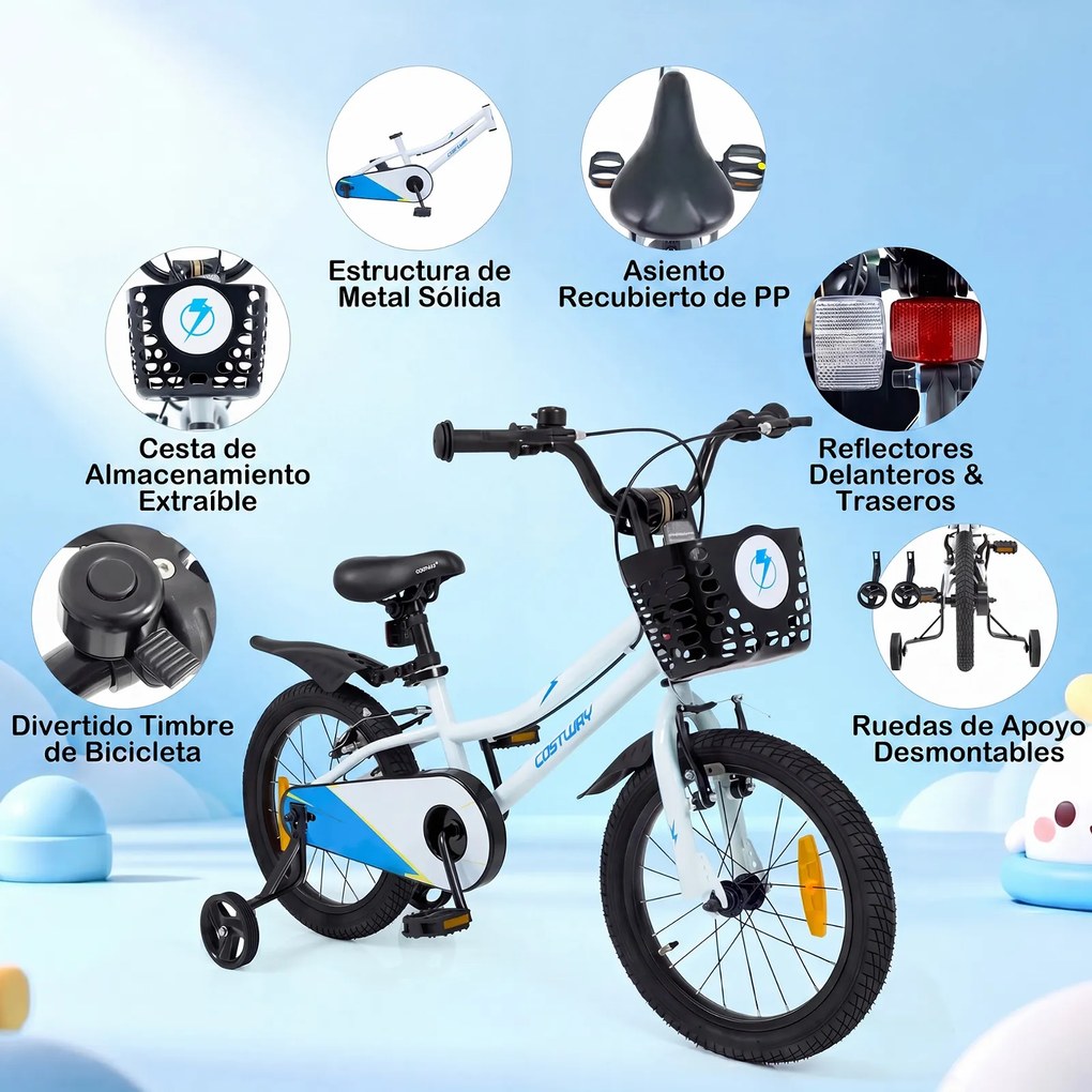 Bicicleta Infantil 4-7 anos, 114,5 x 56 x 71,5-77 cm, Rodas Estabilizadoras Removíveis, Branco