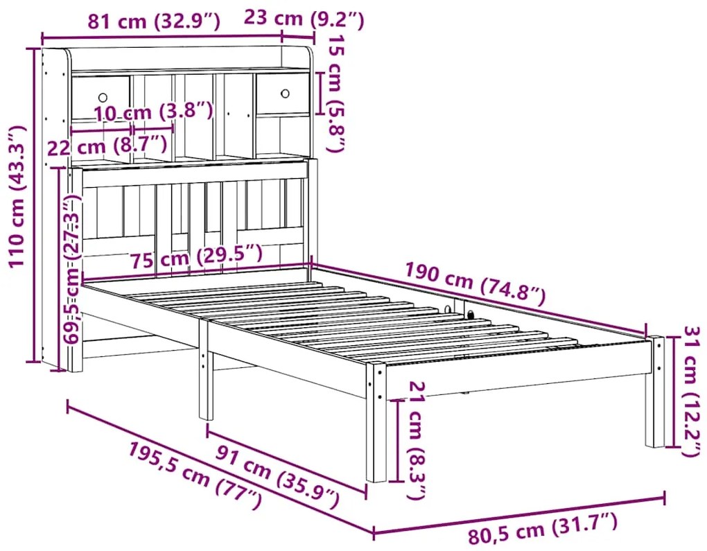 Cama com estante sem colchão 75x190 cm pinho maciço