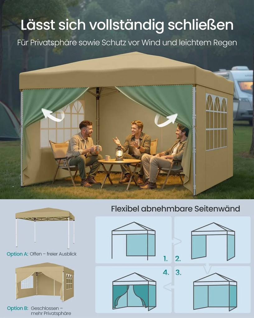 Tenda dobrável de 3 x 3 m para jardim e festas, com 4 paredes laterais, cor bege