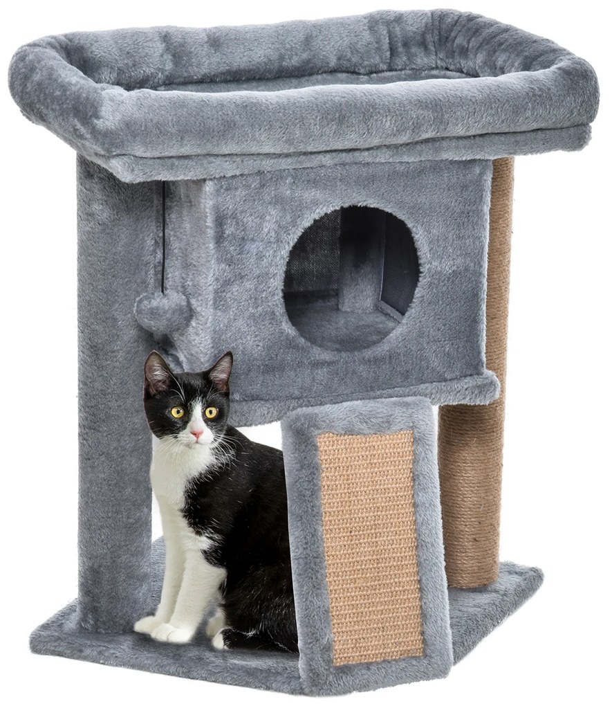 PawHut Árvore Arranhador para Gatos Pequenos Arranhador para Gatos com Poste de Juta Rampa Caverna e Bola Suspensa 40x40x57 cm Cinza