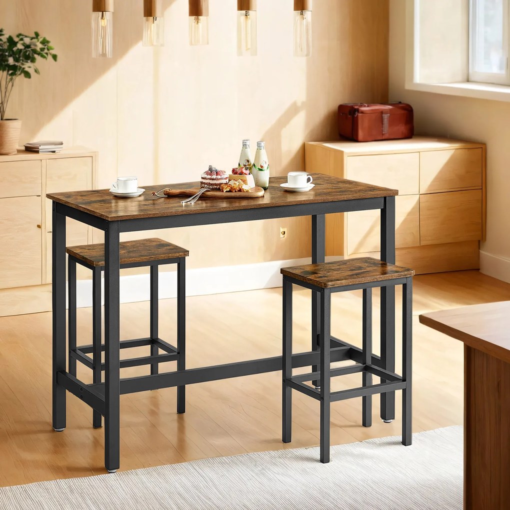 Conjunto de Mesa bar industrial com 2 bancos bar castanho escuro/vintage