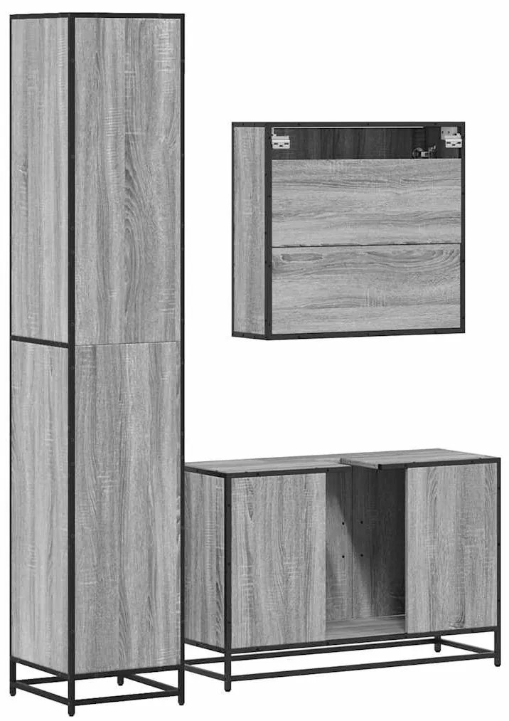 3 pcs Conjunto móveis casa de banho madeira proc. cinza sonoma