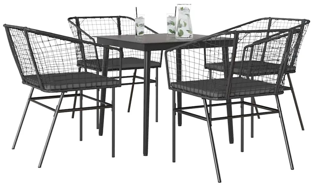 Conjunto de jantar jardim 5 peças almofadas vidro vime PE preto