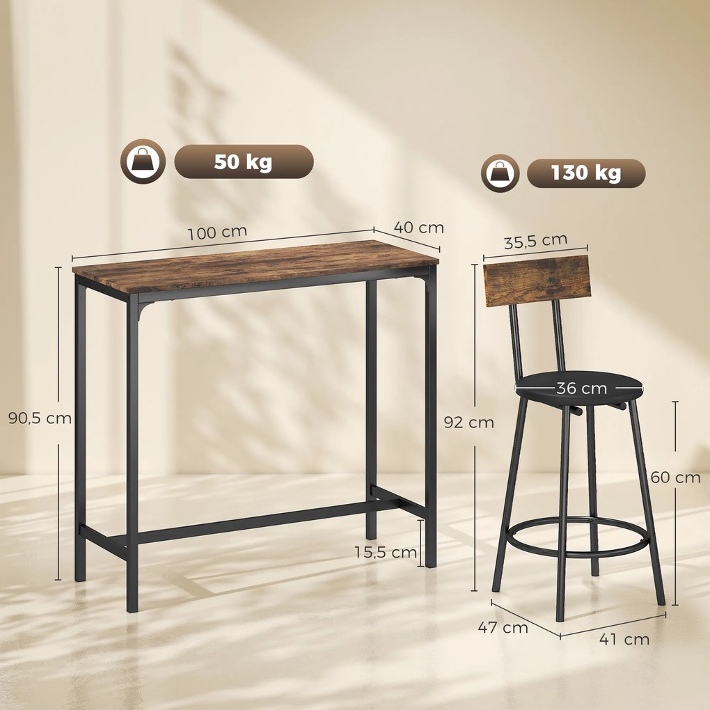 Conjunto de Mesa de Bar e 2 Bancos, 100 x 40 x 90,5 cm, Assentos Acolchoados em PU, Castanho