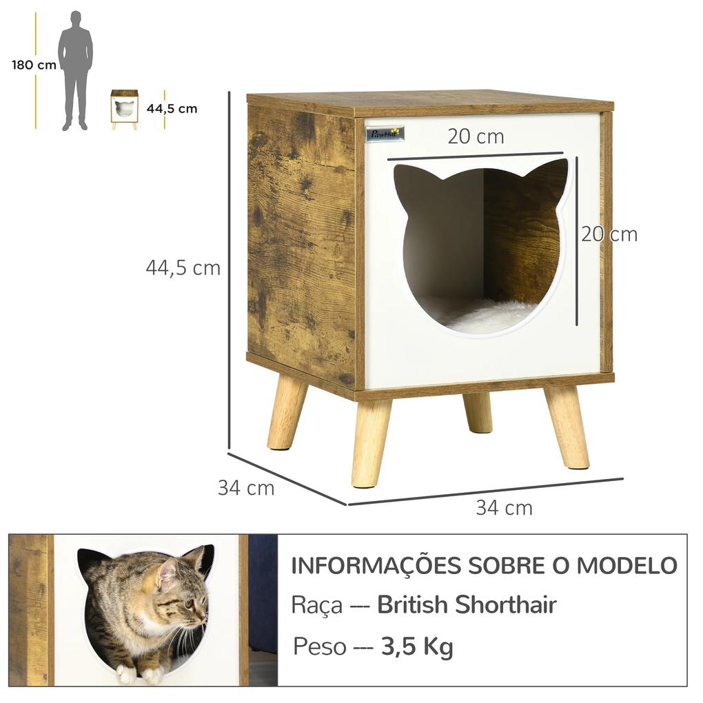 Casa de Madeira para Gatos Caverna para Gatos com Almofada Lavável e Pés Elevados 34x34x44, cm Castanho