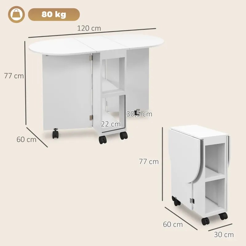 Mesa de Cozinha Dobrável com Rodas Laterais Rebatíveis e 2 Prateleiras Abertas Estilo Moderno 120x60x77 cm Branco