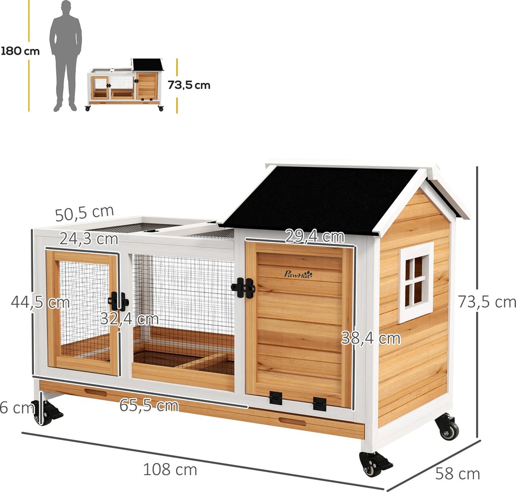 Coelheira de Madeira com Rodas para 1-2 Coelhos com Teto Abatível Bandeja Amovível 108x58x73,5 cm Madeira e Branco