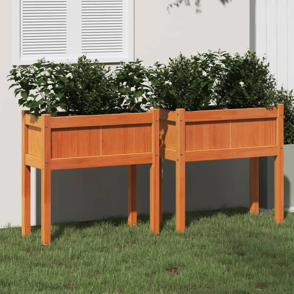 vidaXL Floreiras de jardim c/ pernas 2 pcs pinho maciço castanho cera