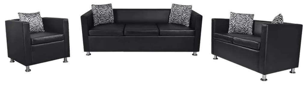 vidaXL Conjunto sofás de 2 e 3 lugares + poltrona couro artific. preto