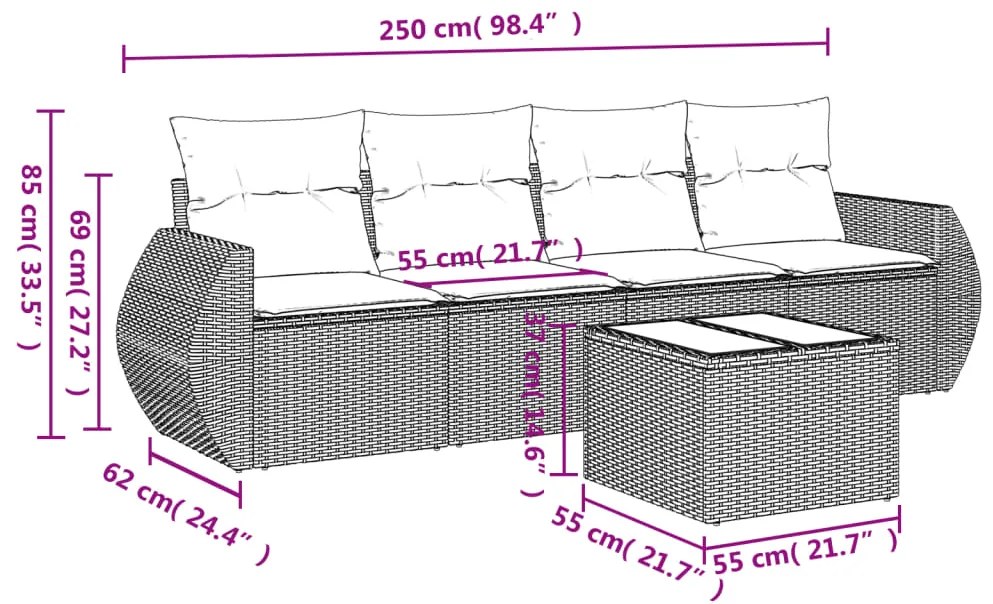 5 pcs conjunto de sofás p/ jardim com almofadões vime PE bege