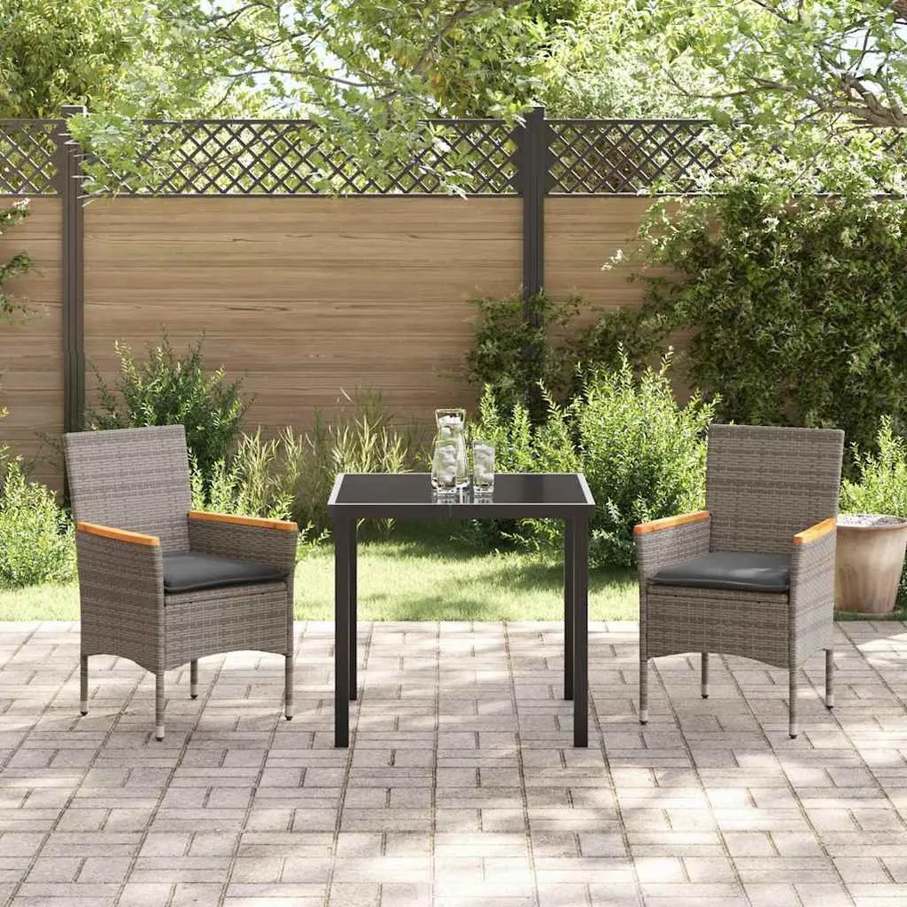 Conjunto de Jantar de Jardim em 3 Peças com Almofadas Cinza em Rattan