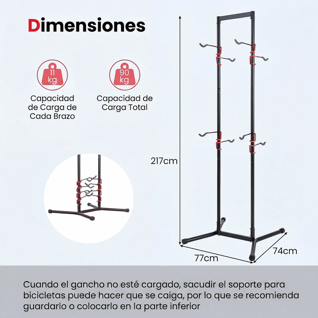 Suporte de Chão para 4 Bicicletas, 77 x 74 x 217 cm, Braços Ajustáveis, Preto