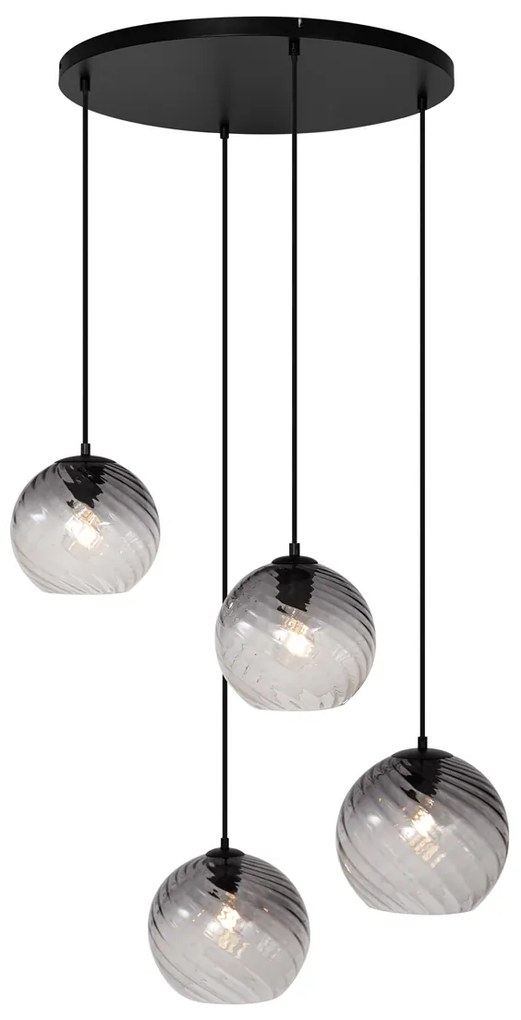Candeeiro suspenso Art Deco preto com vidro fumado redondo 4 luzes - Bao Art Deco