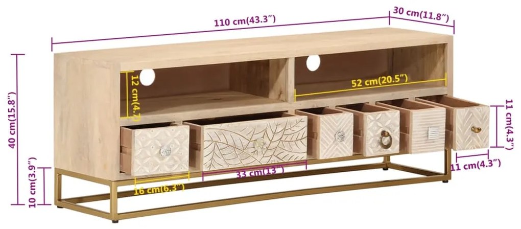 Móvel de TV 110x30x40 cm madeira de mangueira maciça e ferro
