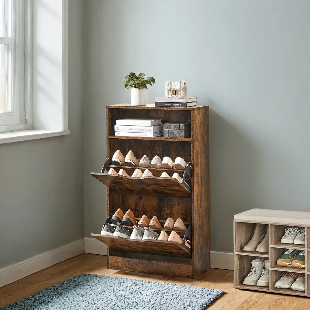 Sapateira com 2 portas, sapateira, prateleira para sapatos 60 x 24 x 102 cm castanho vintage