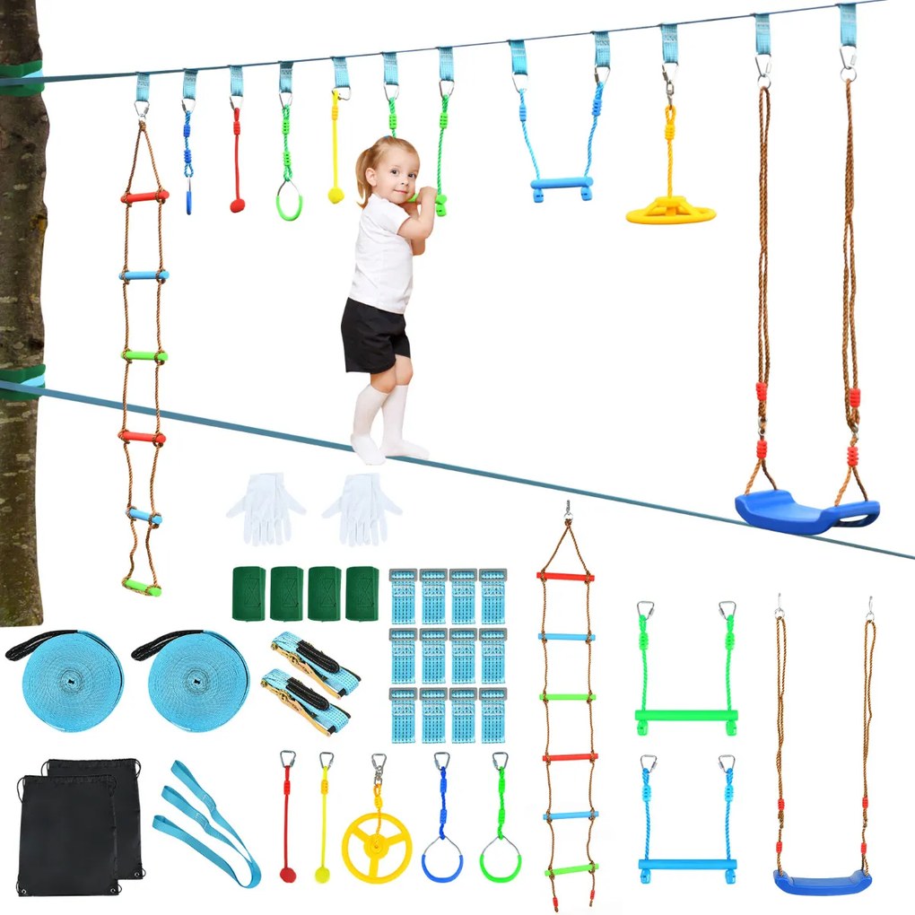 Kit de treino ninja com Obstáculos para Crianças  Duplo para Árvores Jardim Pátio Exterior 15m