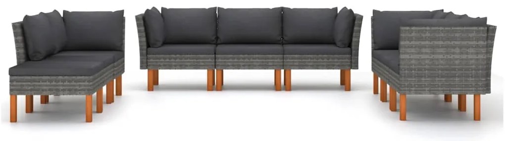 9 pcs conjunto lounge de jardim c/ almofadões vime PE cinzento