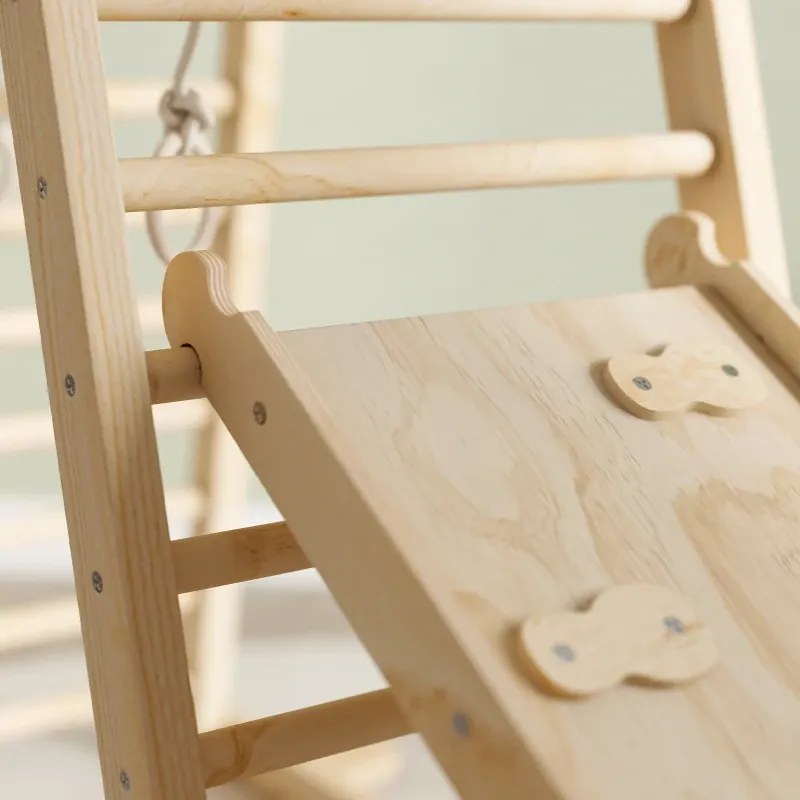 Triângulo de Escalada Montessori 6 em 1 Estrutura de Madeira com Plataforma Anéis e Escorrega para Escalar ou Deslizar Madeira
