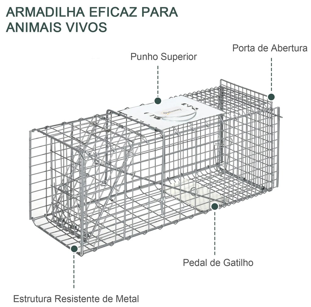Armadilha para Animais Vivos Dobrável 66x24x30,5 cm Gaiola de Captura com Porta e Alça para Coelhos Roedores Prata