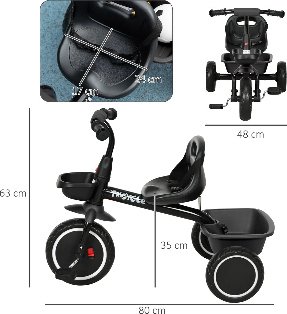 Triciclo evolutivo para crianças com assento ajustável, pedais, 2 cestos e cinto de segurança, para crianças dos 2 aos 5 anos, preto
