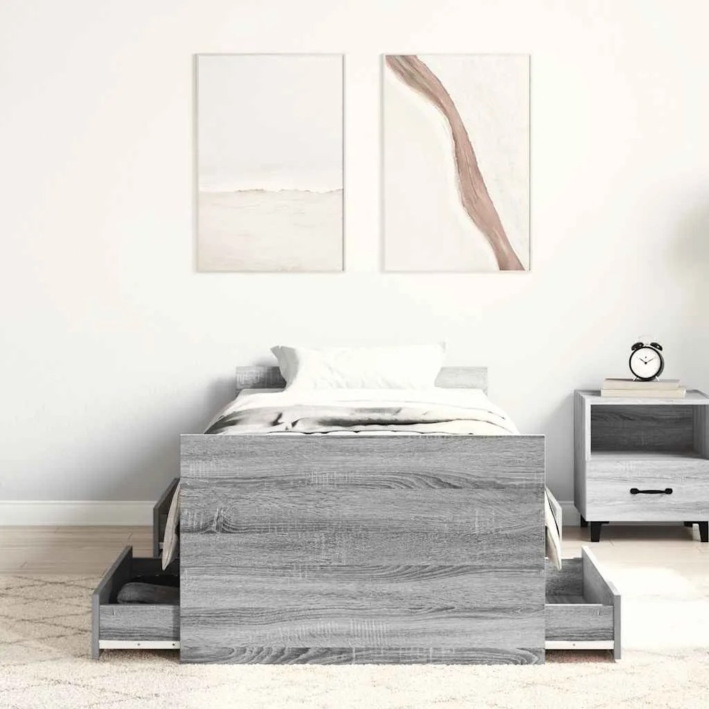 Estrutura de cama c/ painéis de cabeceira e pés cinzento sonoma