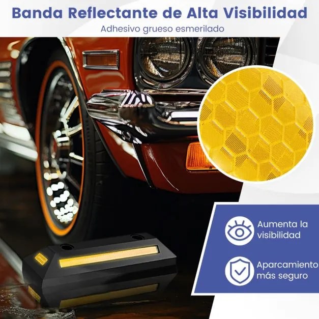 2 Calços de borracha Garagem 54,5 x 16 x 9 cm duráveis e robustos para o chão da garagem com faixas reflectoras Amarelo + Preto