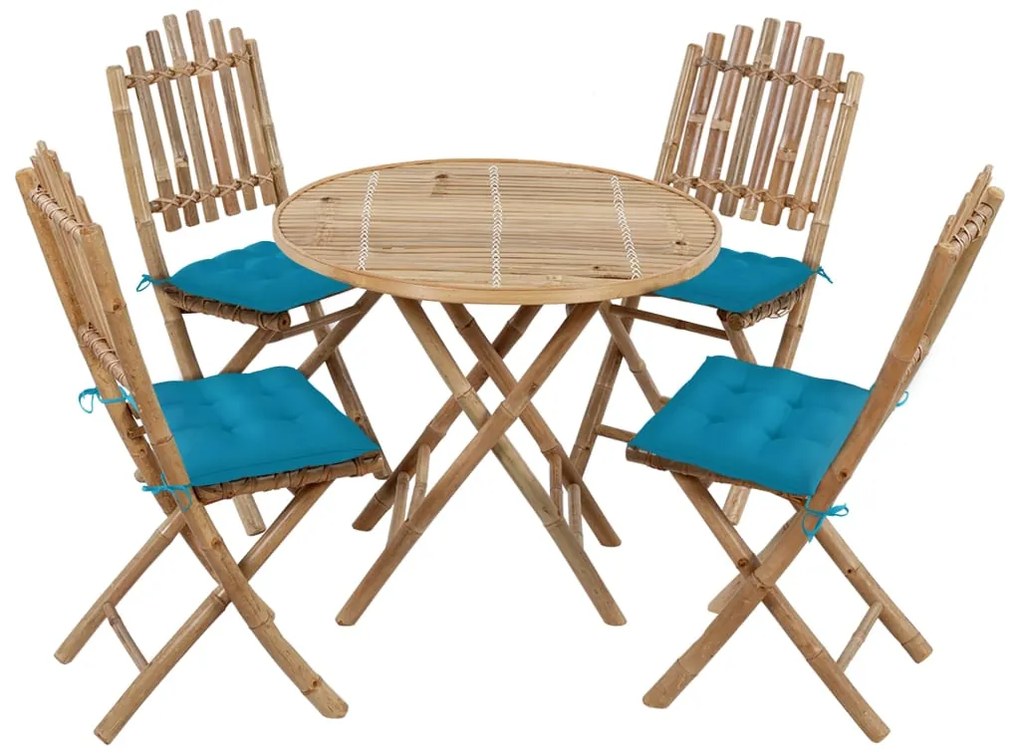 5 pcs conj. de jantar dobrável c/ almofadões p/ exterior bambu