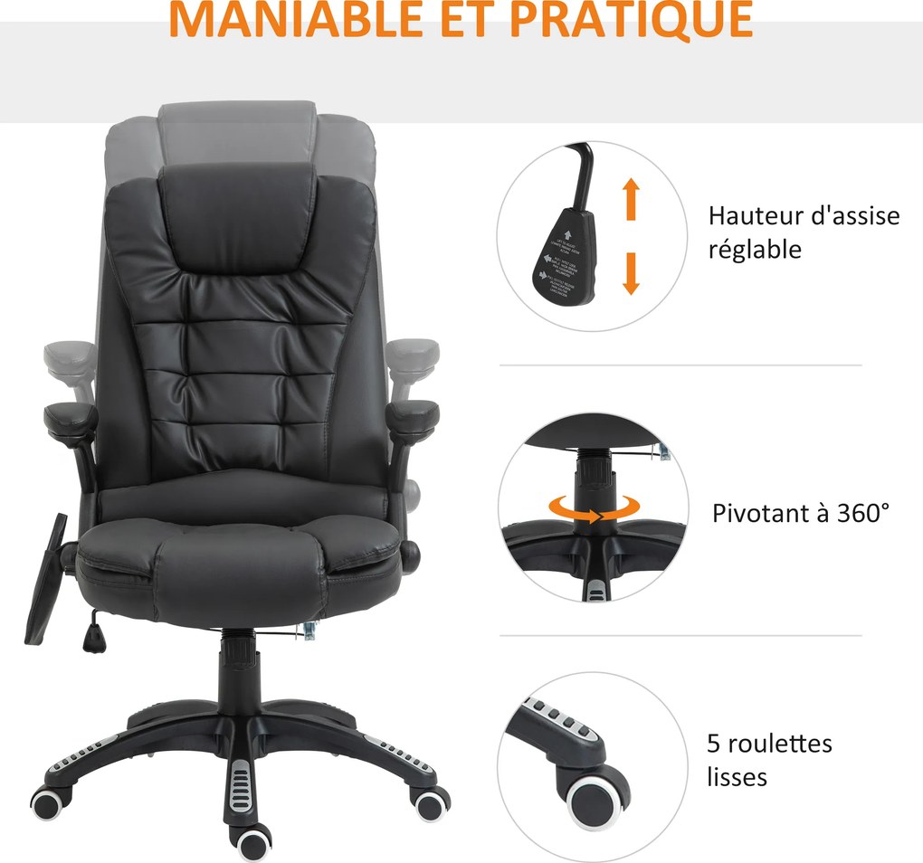 Cadeira de escritório com massagem e aquecimento elétrico, cadeira de escritório ergonómica com revestimento sintético preto