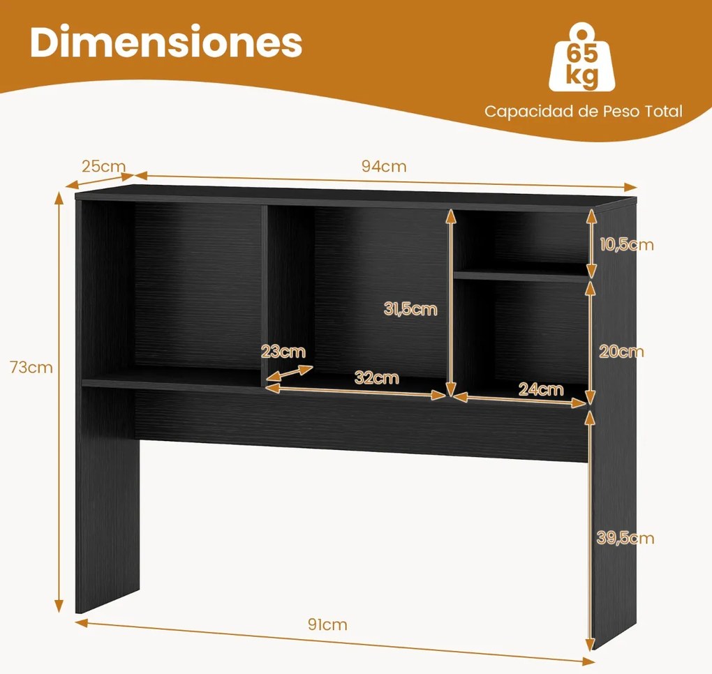 Estante organizadora de secretária 94 x 25 x 73 cm com 4 cubículos e compartimento traseiro aberto Preta
