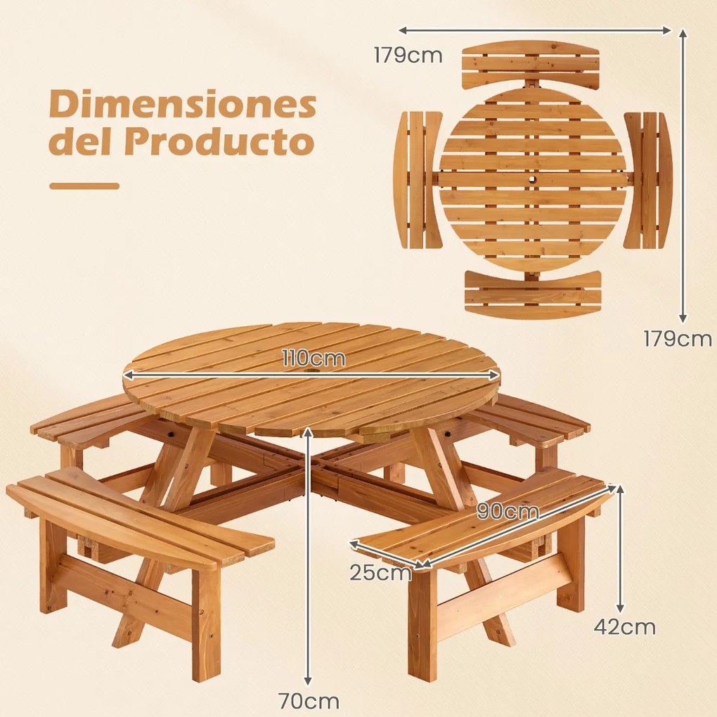 Conjunto de mesa de Jardim ou piquenique redonda com 4 bancos para 8 pessoas com orifício para guarda-sol de 5 cm Amarelo