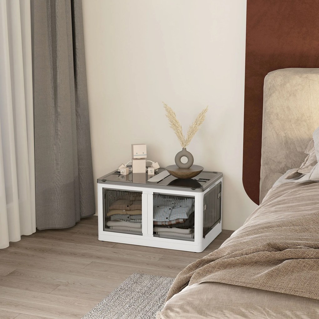 Caixa de arrumação dobrável e empilhável de 99 L em plástico 67 x 47 x 38 cm, com tampa e 4 Rodas, acesso pelos 5 lados, branca