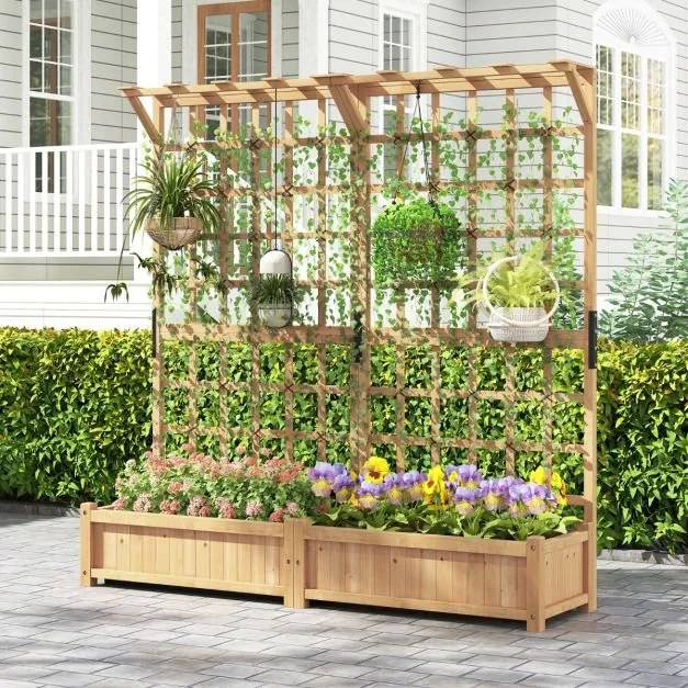 Floreira de jardim elevada em madeira, 180 x 48 x 183 cm, com treliça, teto suspenso, 2 caixas, tabuleiro removível, plantas trepadeiras e flores natu