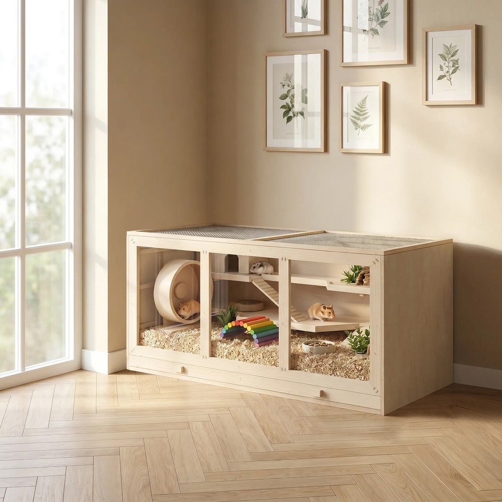 Gaiola para hamsters e gerbil, 2 níveis, teto abrível, janelas, casinha e 2 escadas, 115 x 57 x 55 cm, efeito de madeira natural