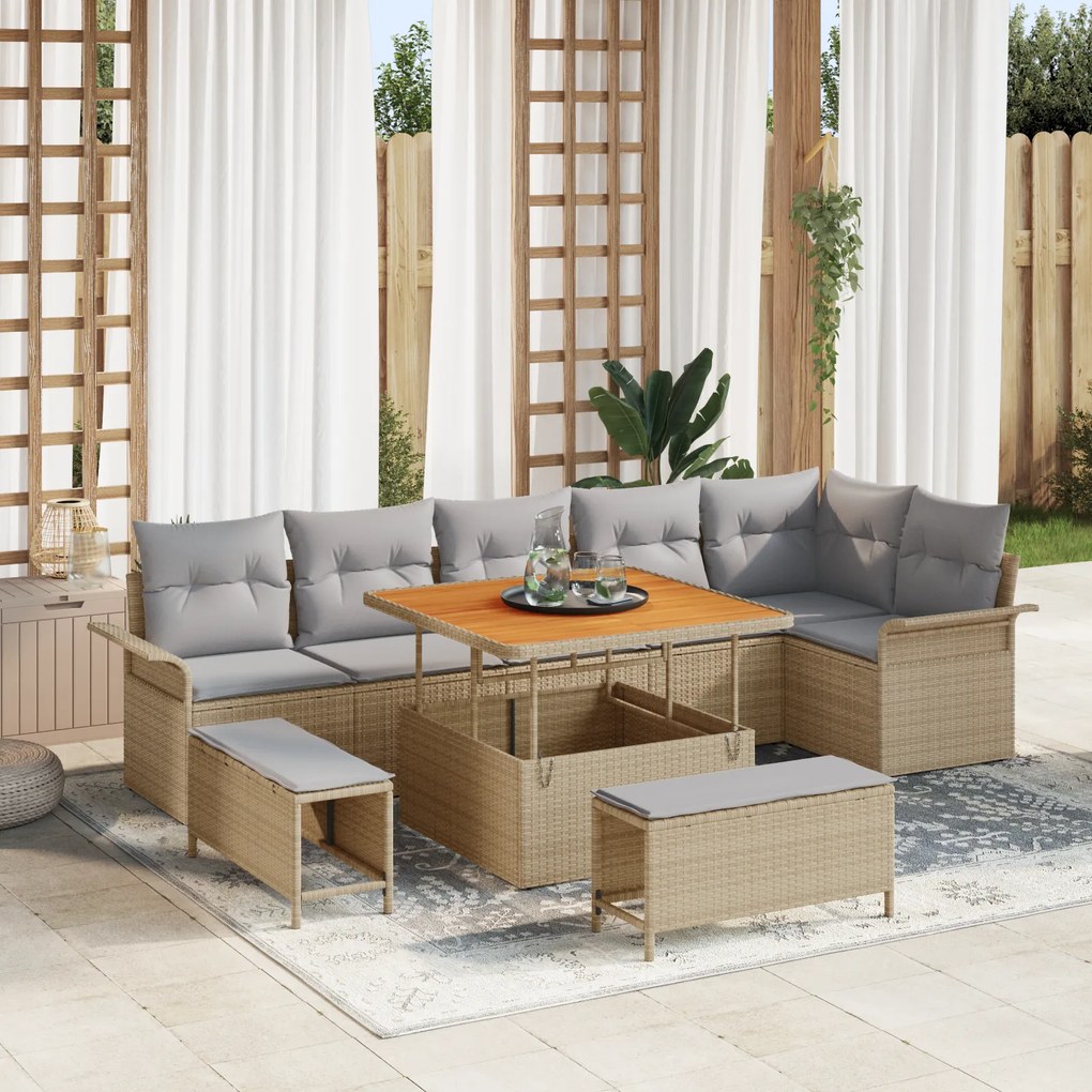 vidaXL Conjunto de Sofá de Jardim de 9 Peças com Almofadas Bege de Rattan Sintético Acácia