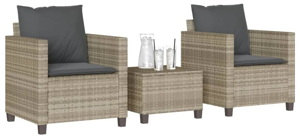 vidaXL 3 pcs conjunto bistrô com almofadões vime PE cinzento claro
